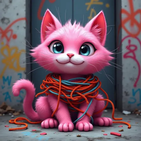 Pink Graffiti Cat Tangled in Yarn