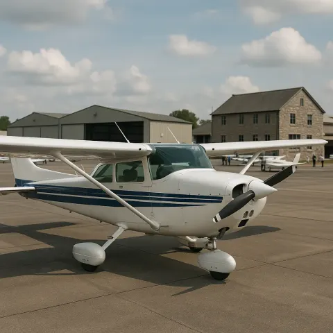 Single-engine Aircraft Parked on a Tarmac in Front of Hangars
