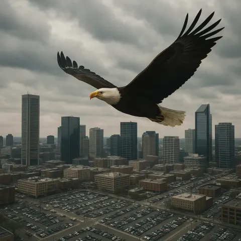 Majestic Eagle Soars over a Busy Urban Cityscape