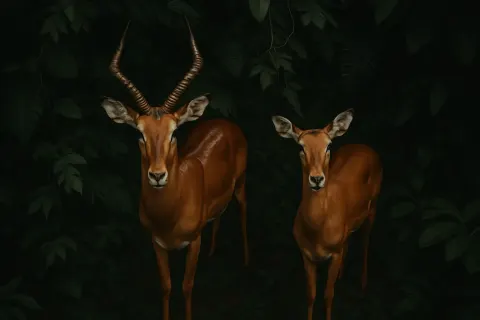 Two Impalas—a Prime Adult Male Displaying Prominent Lyre-shaped Horns