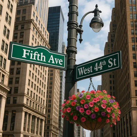 Street Corner in Manhattan Featuring Signs for Fifth Avenue