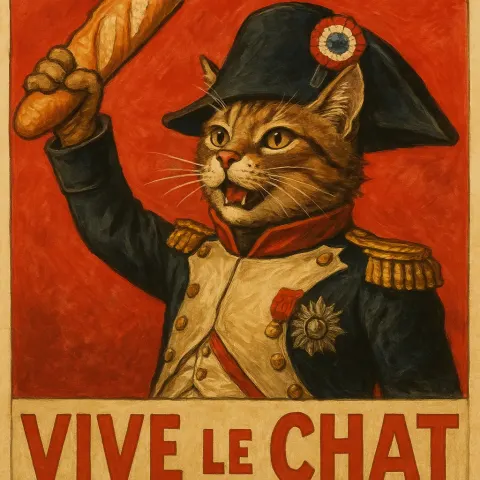 Propaganda-style Poster Featuring a Cat Dressed as Napoleon