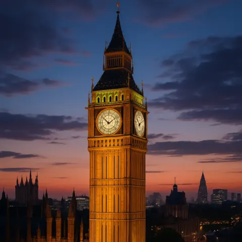 Big Ben's Clock Tower Glowing Brightly as It Towers