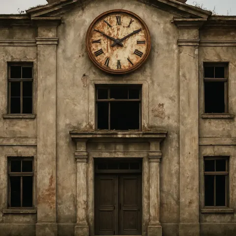 Aged and Somewhat Deteriorated Structure Featuring a Corroded Clock