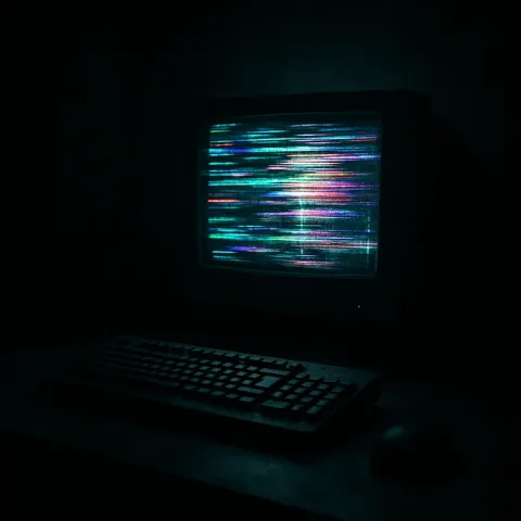 Faintly Illuminated Setting Featuring a Malfunctioning Computer Screen