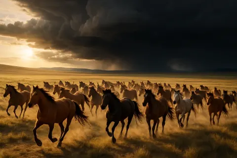Large Herd of Wild Horses Gallops