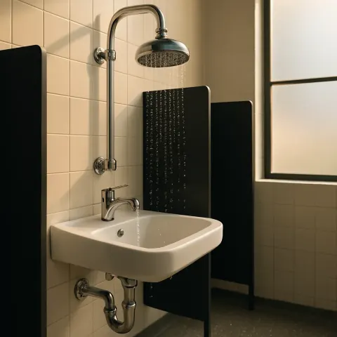 Gleaming Chrome Showerhead Is Mounted on a Wall