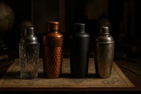 Collection of Four Distinct Cocktail Shakers—one a Faceted Geometric Crystal