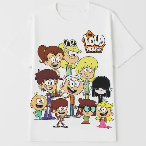 White T-shirt Featuring Colorful Cartoon Characters from "The Loud House"