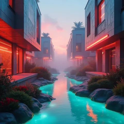 Gehry Inspired Neon Architecture at Sunrise