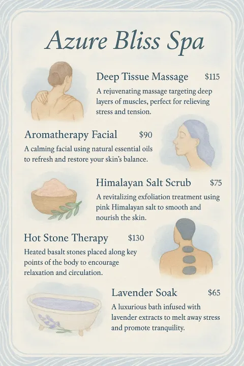 Tranquil and Captivating One-page Menu Showcasing Spa Services