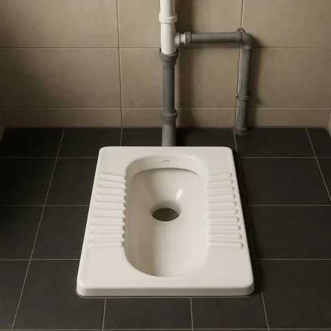 Squat Toilet Installed on a Dark Tiled Floor
