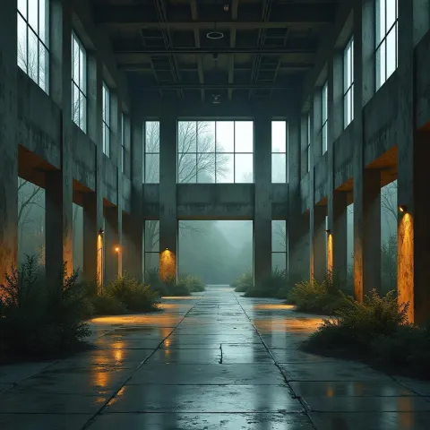 Brutalist Interior in Dark Expressionist Mood