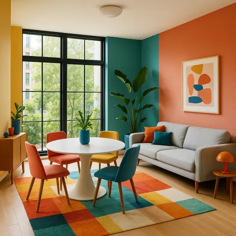 Colorful Modern Living Area with Large Windows