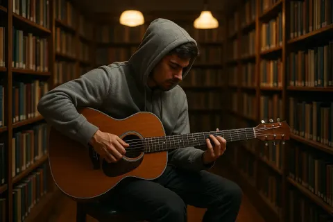Focused Individual Dressed in a Gray Hoodie Plays an Acoustic