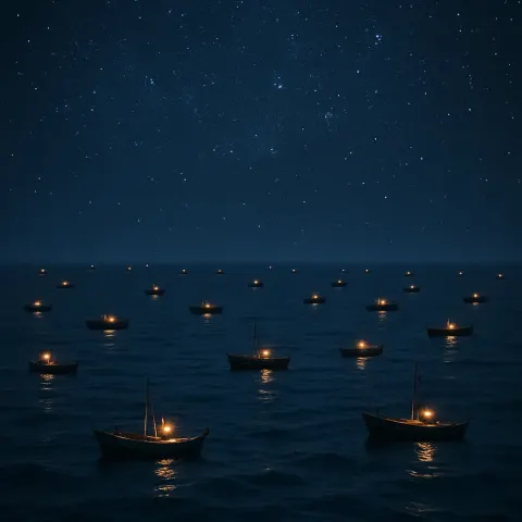 Numerous Tiny Fishing Boats with Faint