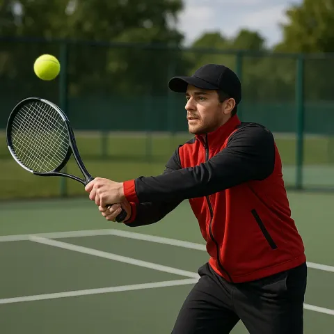 Person Wearing a Red and Black Jacket Is Playing Tennis