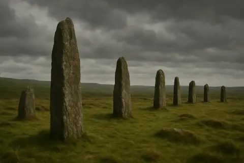 Several Weathered Stone Monoliths Stand Sentinel on a Vast