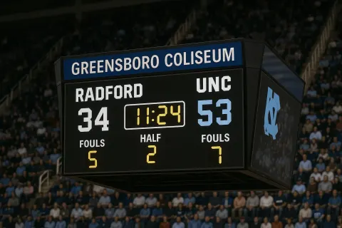 Basketball Scoreboard Displaying the Game Score Between Radford (34)