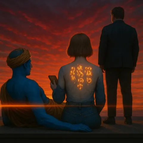 Non-binary Presenting Historical Figure with Vibrant Blue Skin
