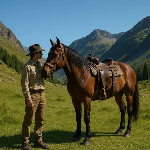 Person Stands Beside a Saddled Brown Horse in a Grassy