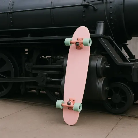 Sleek Black Locomotive with a Pastel Pink Longboard