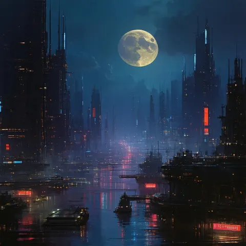 Neon City Night Beneath a High Moon