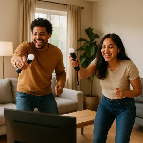 Two People Are Playing a Video Game Using Motion Controllers