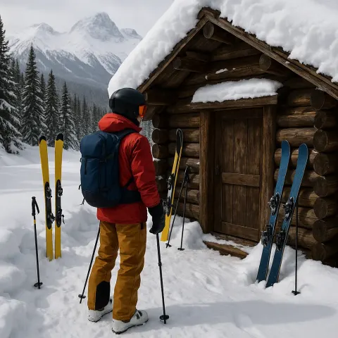 Skier Stands Outside a Rustic Snow-covered Mountain Cabin Surrounded
