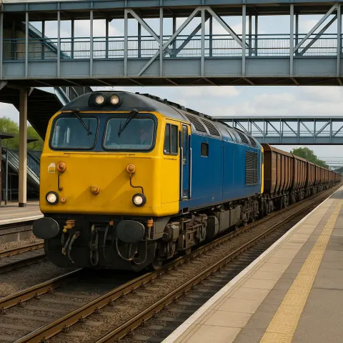Yellow and Blue Diesel Locomotive Pulling a Line of Freight