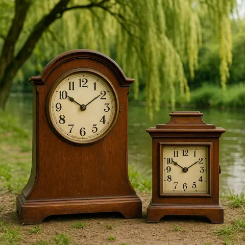 Two Vintage Wooden Clocks Displayed Outdoors near a River