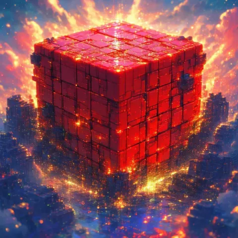 Vivid Anime Red Cube in Golden Light