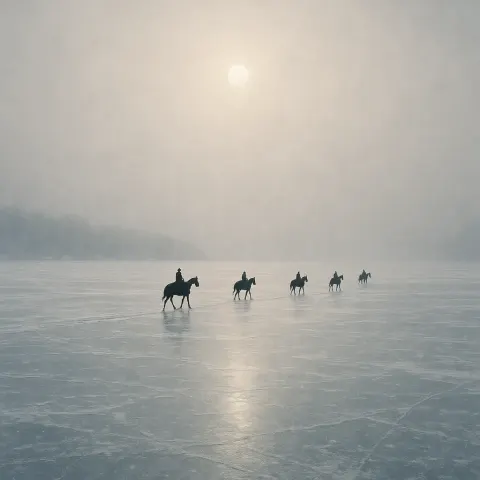 Sparse Procession of Tiny Figures on Horseback Slowly Crosses