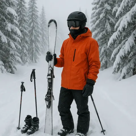 Person Standing on a Snowy Slope Holding Skis