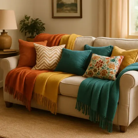 Inviting Living Room Features a Comfortable Sofa Adorned with Vibrant