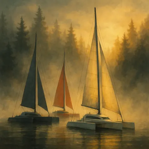 Three Diverse Trimarans Emerge from Mist-enshrouded Dawn Pines