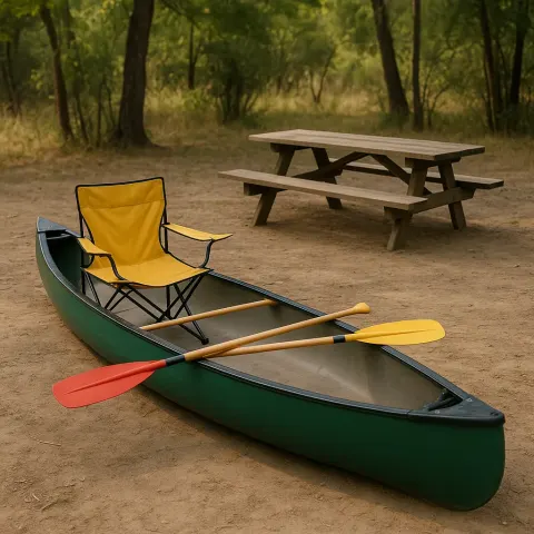 Green Canoe Equipped with a Yellow Camping Chair