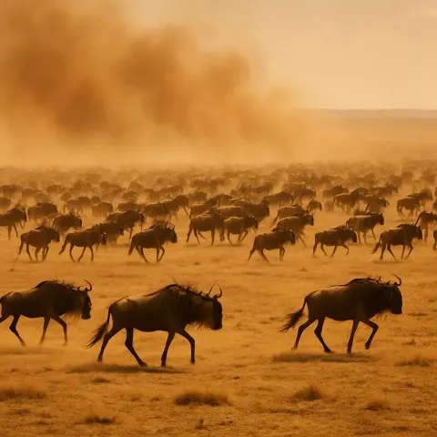 Vast Herd of Distant Wildebeest Kicks Up a Colossal Dust