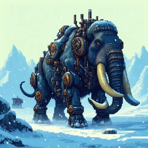 Steampunk Mammoth Braving a Pixel Snowstorm