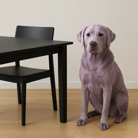 Dog with Lavender Fur Sitting Next to a Modern Dining