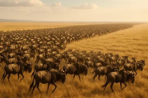 Vast Herd of Migrating Wildebeest Stretches Across an Endless