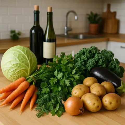 Kitchen Counter Filled with Fresh Vegetables Including Cabbage