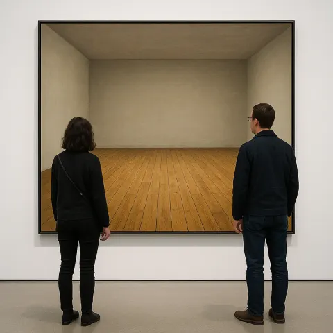 Two People Observe a Large Artwork Depicting an Empty