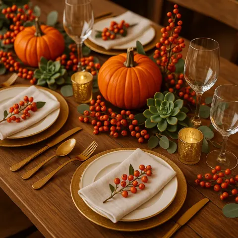 Festive Autumn Table Setting Featuring Pumpkins