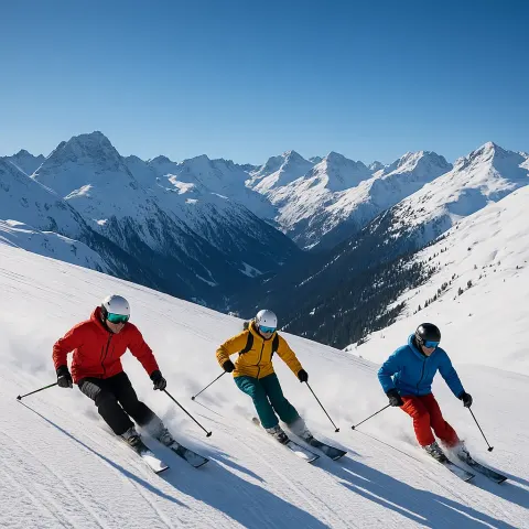 Three Skiers Carving Down a Pristine