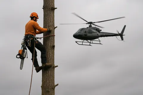 Tree Worker Climbs a Tall Tree Trunk with Safety Gear