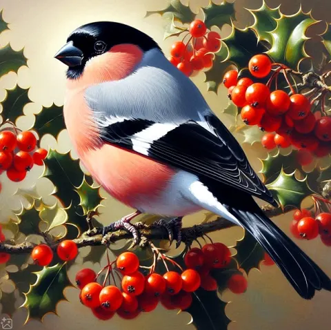 Beautiful Male Bullfinch on Holly Branch