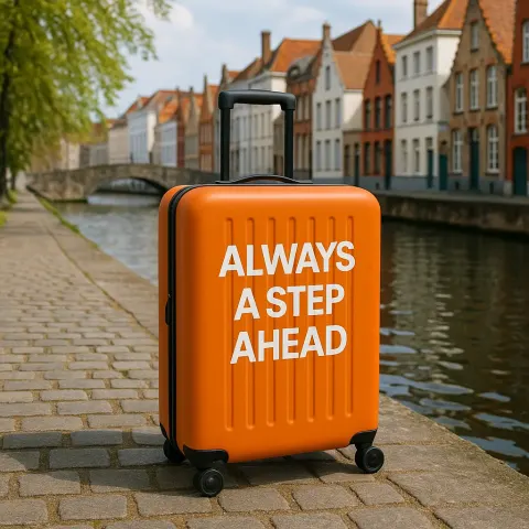 Orange Suitcase with "Always a Step Ahead" Branding Stands
