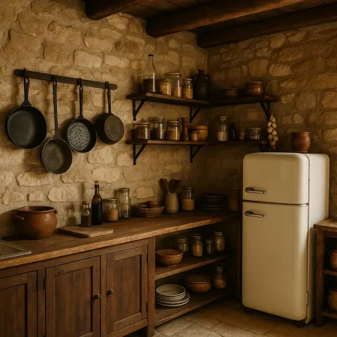 Rustic Kitchen with Stone Walls