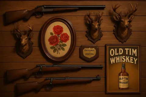 Wooden Wall Display Featuring Mounted Firearms